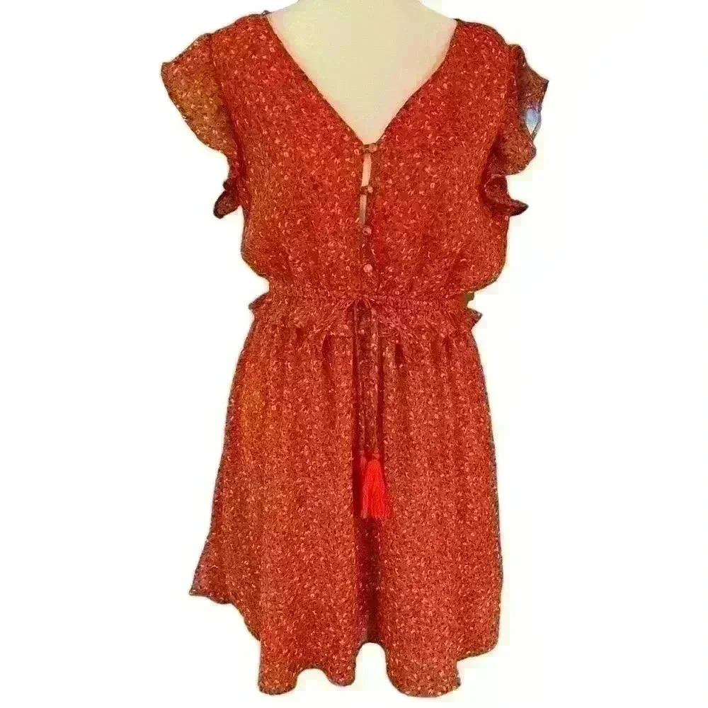 Trinhnology Women's Orange Floral Sleeveless Ruffled V-Neck Summer Dress Size S